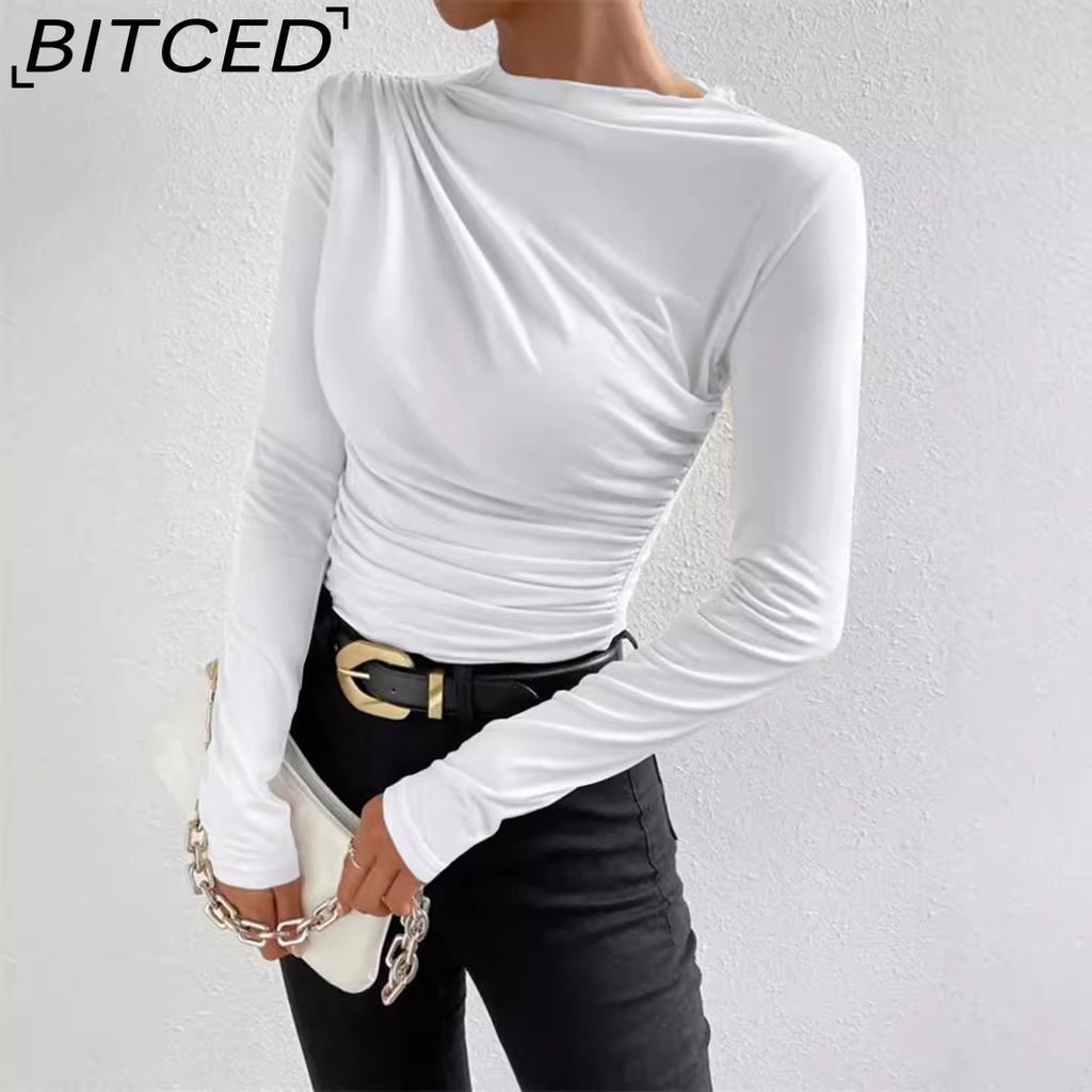 BITCED Women's Solid-Colour Slim-Fit Base Layer Top Versatile Pleated Detail Long-Sleeved T-Shirt