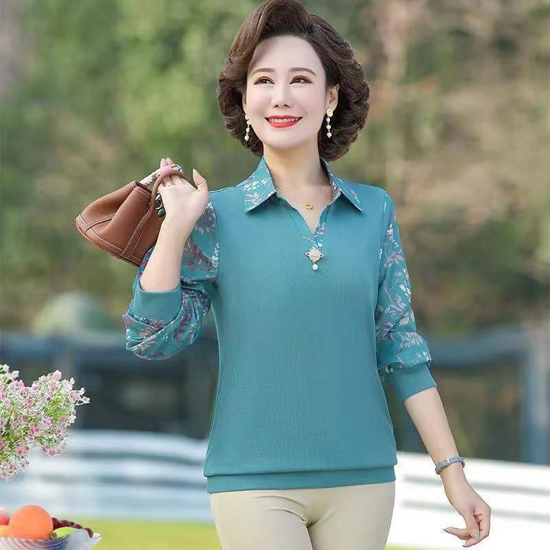 

Футболка для женщин среднего возраста с длинным рукавом и отложным воротником, майка для мам, весенняя одежда, новая блузка XXL светло-синий