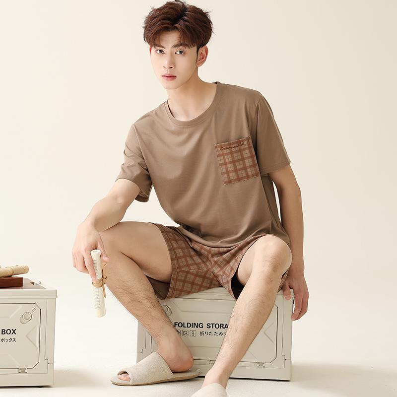 2025 summer thin cotton Men Pajamas short Sleeve tops and shorts sleepwear plaid Student Pajamas set casual plus size Pullovers Homewear