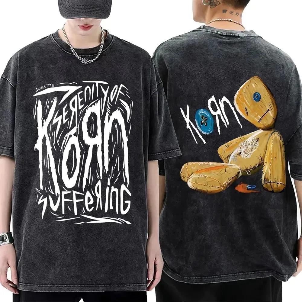 Korn Nu Metal "Follow the Leader" Album del 1998 Grafica Hopscotch Oversize Vintage Lavato Streetwear Maglietta Top per Fan del Nu Metal e del Rock