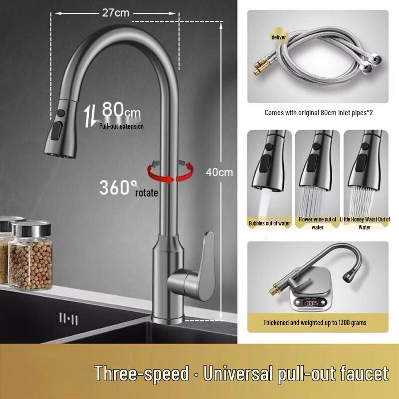 TLXT Light Luxury Grey Pull-Out Kitchen Faucet