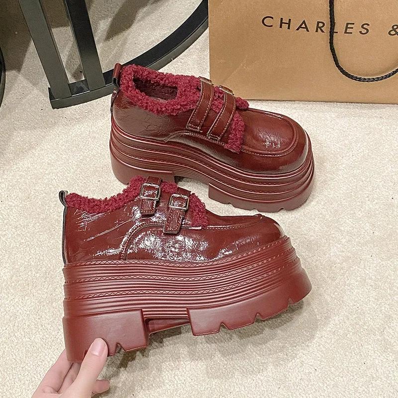 Fashion Women's Leather Platform Sneakers Autumn Winter Warm Plush Buckle Snow Shoes Thick Sole 10CM Heels Cotton Shoes Zapatos Mujer