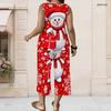 Women Plus Size V Neck Sleeveless Christmas Printed Red Wide Leg Pants Set With Pockets