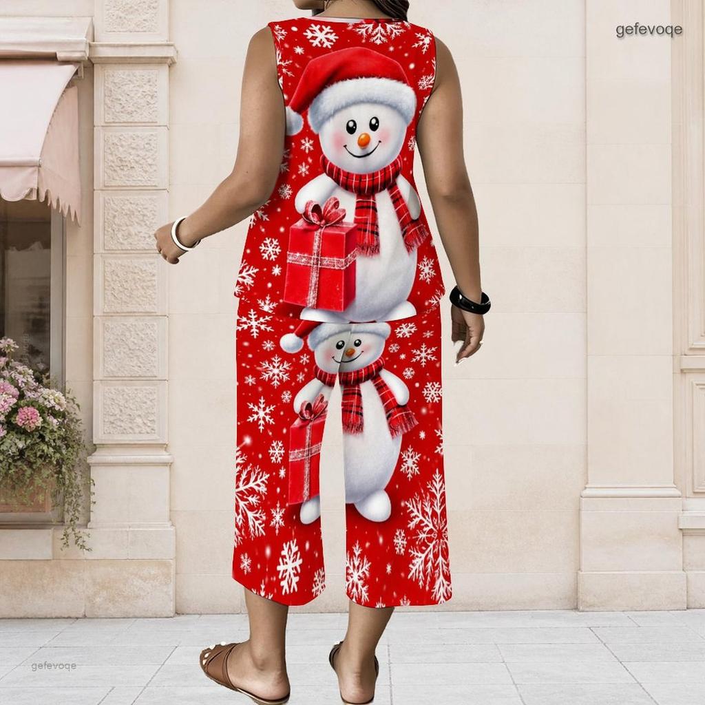 Women Plus Size V Neck Sleeveless Christmas Printed Red Wide Leg Pants Set With Pockets