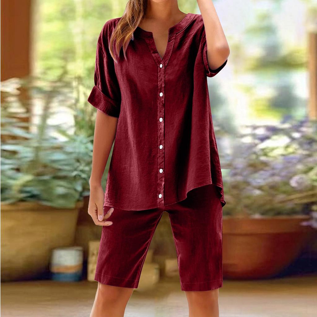 Women's Casual Fashion Sexy  Short Sleeve Pullover Shirt Round Neck Literary Retro Solid Color Casual Split Suit