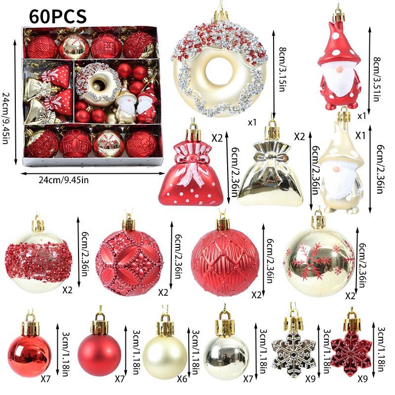 64pcs Christmas Ornament Set - Painted Ball Decorations Tree With Star Heart Bow Design
