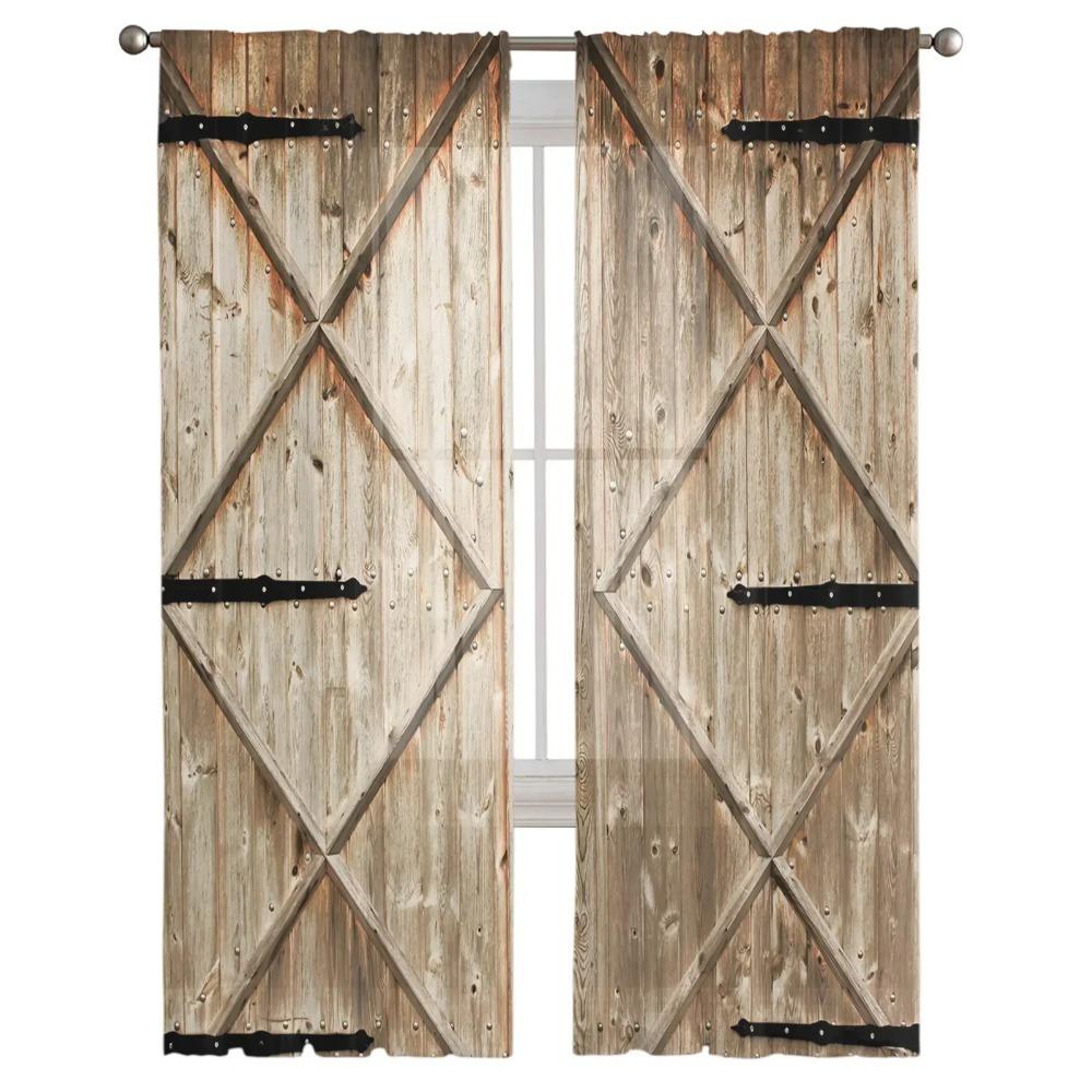 Scheunenholztür Bauernhof Vorhänge für Wohnzimmer Druck Transparenter Vorhang Schlafzimmer Fenster Sichtschutz Vorhangpaneele Jalousien Heimdeko