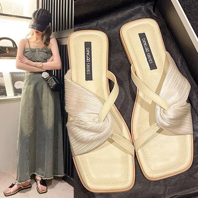Fashion Shoes Sexy Slides Home Women's Slippers and Ladies Sandals Flat Apricot Outside House Indoor Ins F on Promotion Y Korea Style G