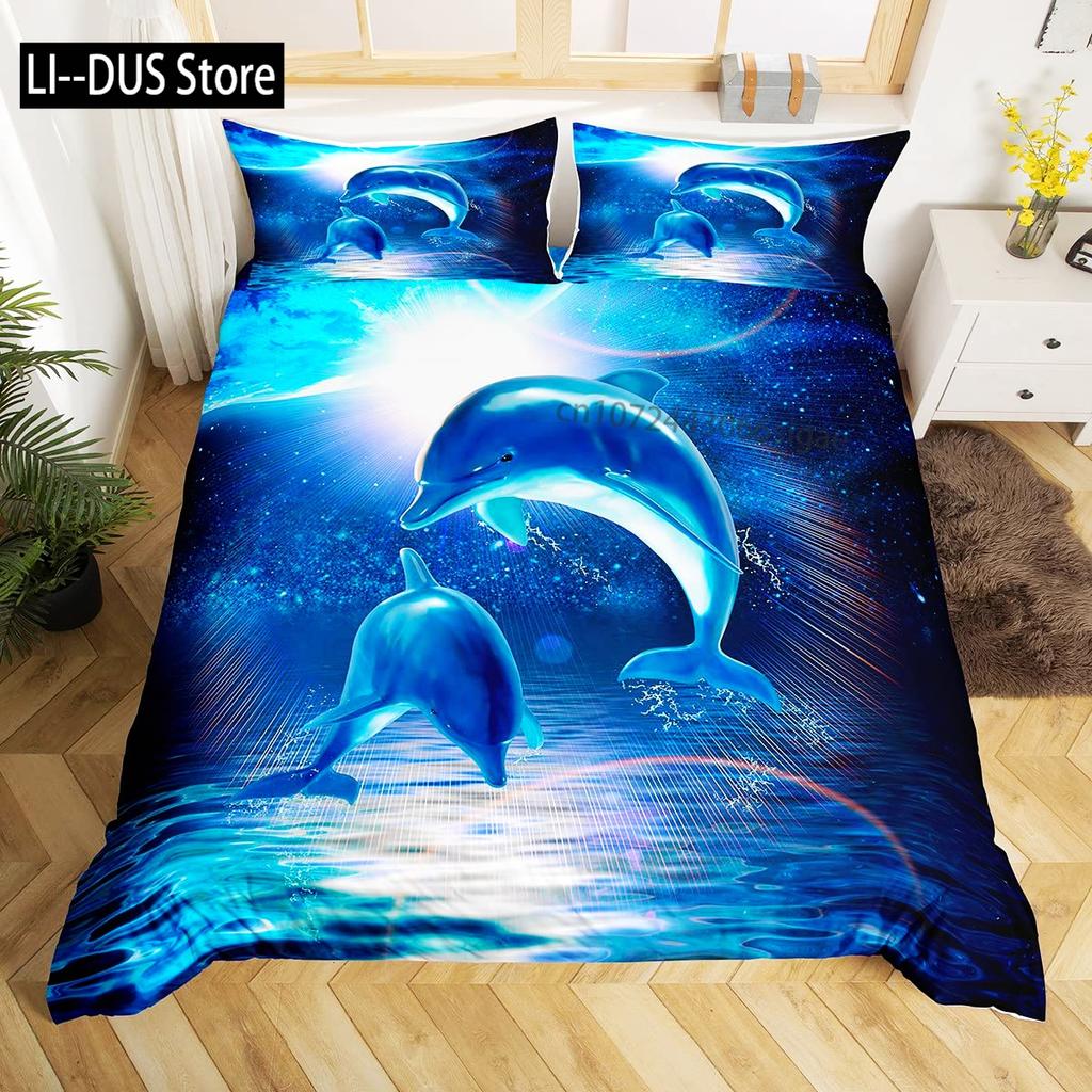 Blue Dolphin Bedding Set Comforter Queen Full SizeOcean Animal Bedding for Boys Kids Teen Boy Bedding with Pillowcases 3pcs