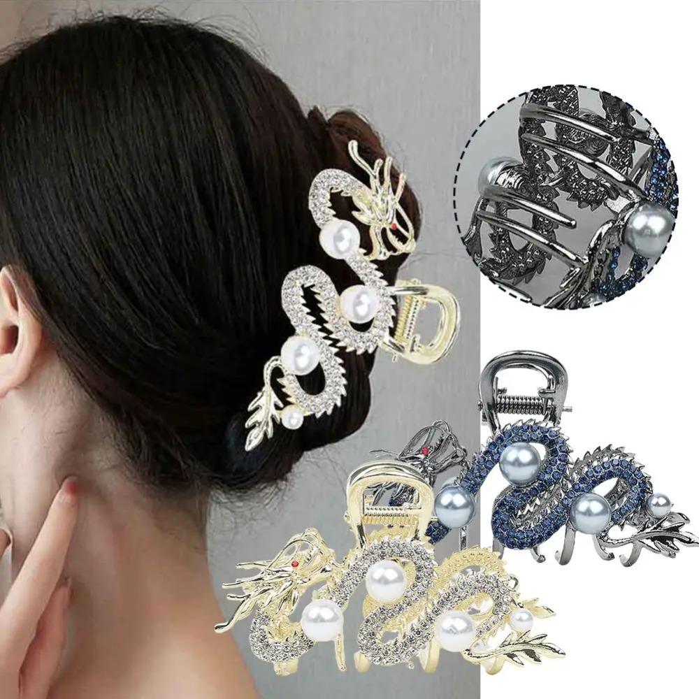 Chinese Dragon Year Hair Clips Hair Accessories for Women Girl Red Bead Metal Rhinestone Hair Pin Fashion Jewelry