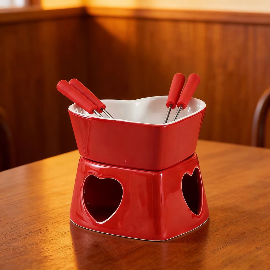 Heart Shaped Chocolate Fondue Mug Set Ceramic Sweet Fondue Cup with Forks and Candle Red White 350ml