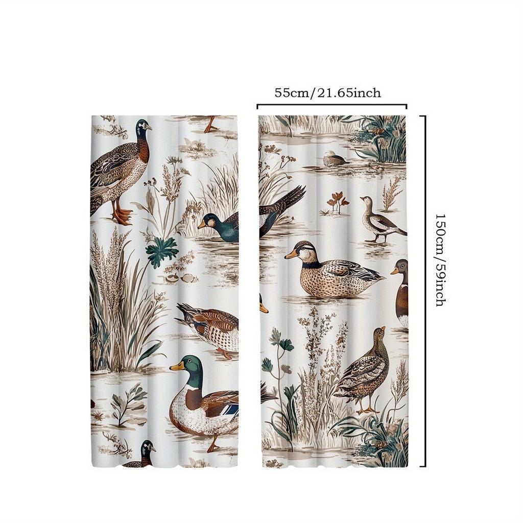 2pcs Elegant Mallard Duck Curtains - Brown & White   Nature-Inspired Design with Reed and Grass Print   Semi-Transparent for Bedro