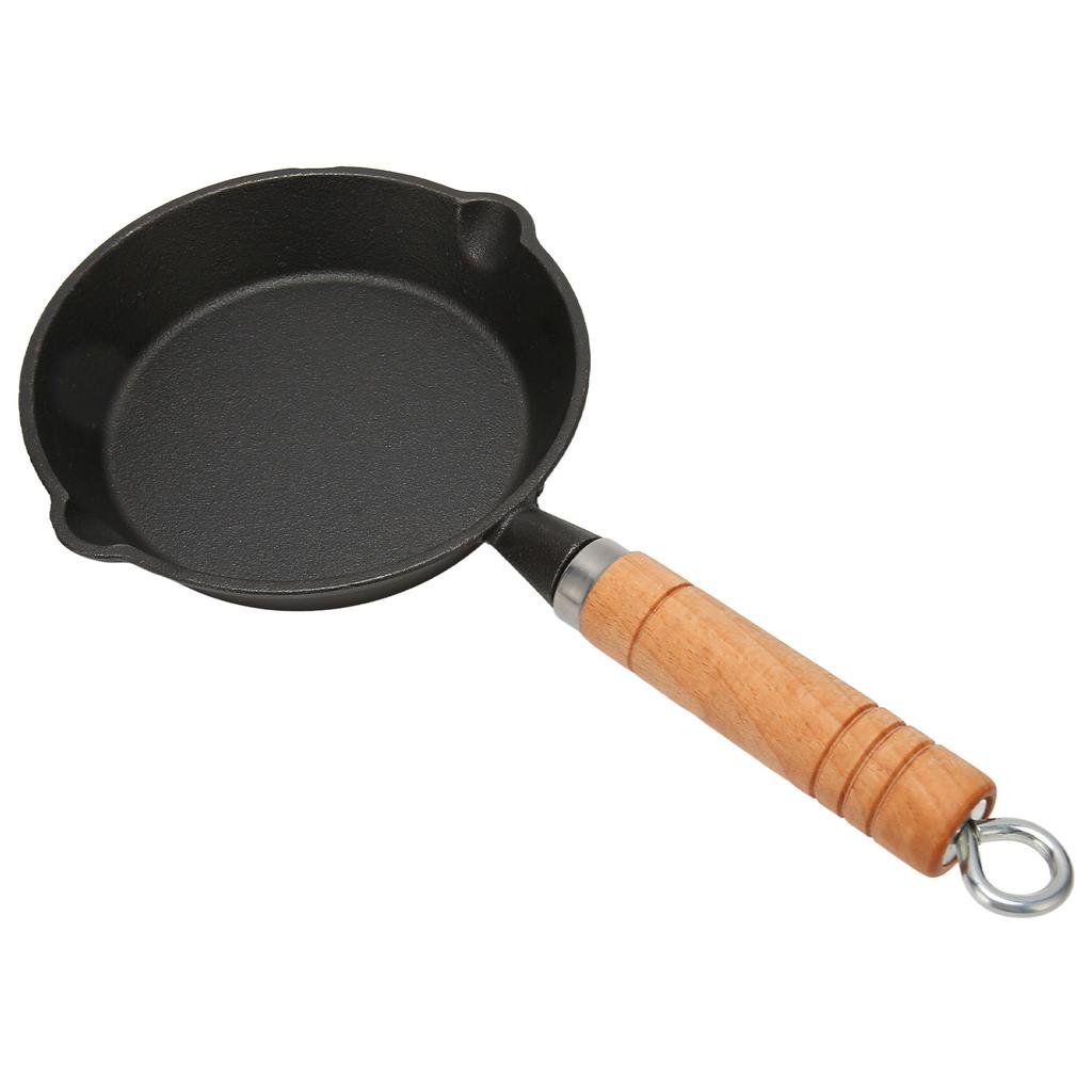 Frying Pan Cast Iron Skillet Drip Spouts Wooden Handle Stain Resistant Quick Heat Easy To Clean Cook Pan
