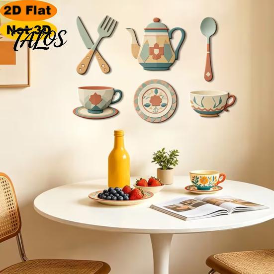 Peel Stick Dining Room Decor 7Pcs 2D Flat Kitchen Wooden Wall Decor, Retro Teapot Tableware Themed Easy to Apply Art, Self‑Adhesive Plaques for Home