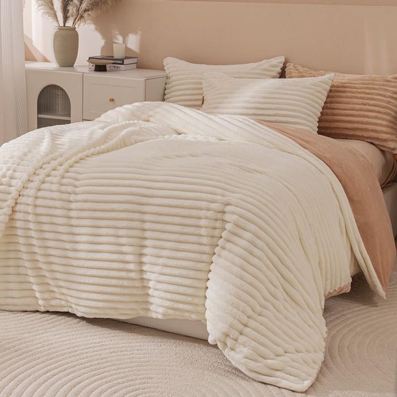 Winter Thick Warm Luxury Solid Striped Milk Fleece Bedding Set