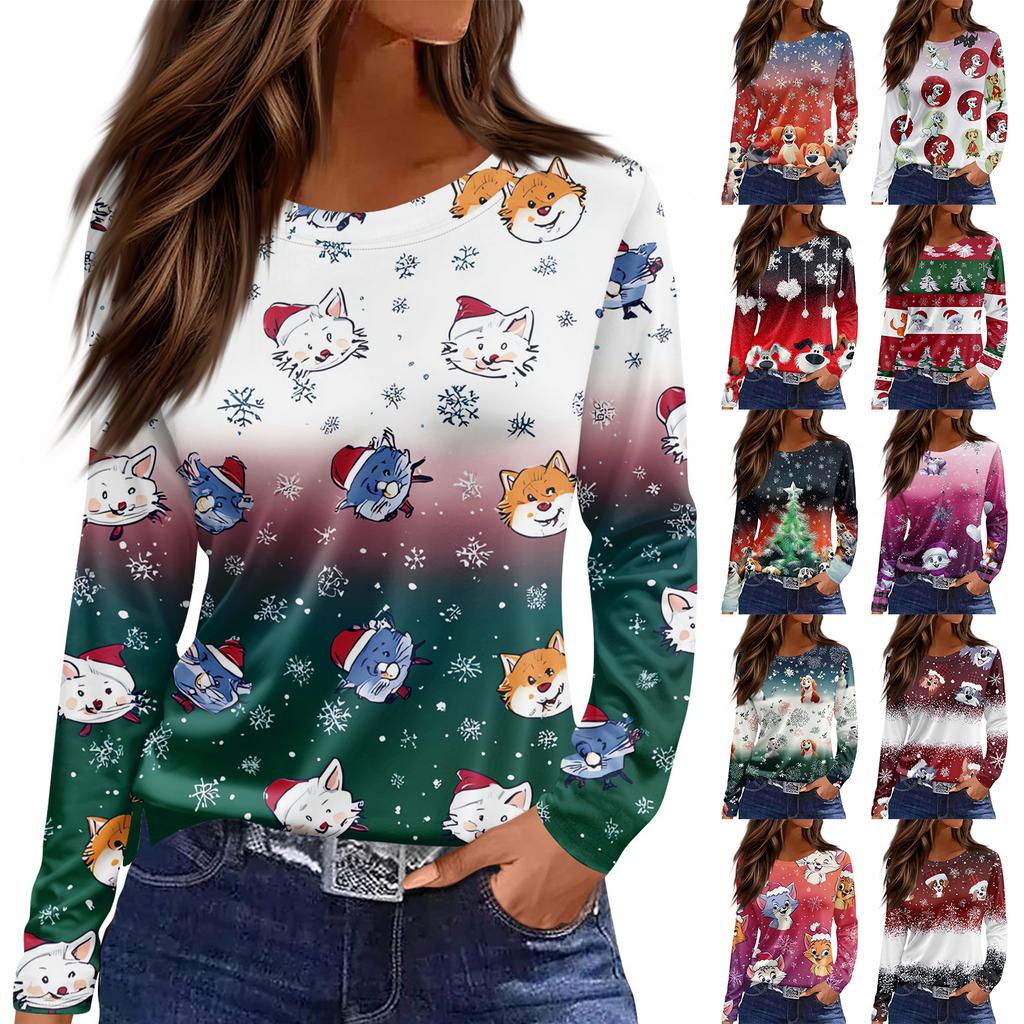Women's Fashion Casual Slit Hem Round Neck Long Sleeve Loose Christmas Printed T-Shirt Ladies Top