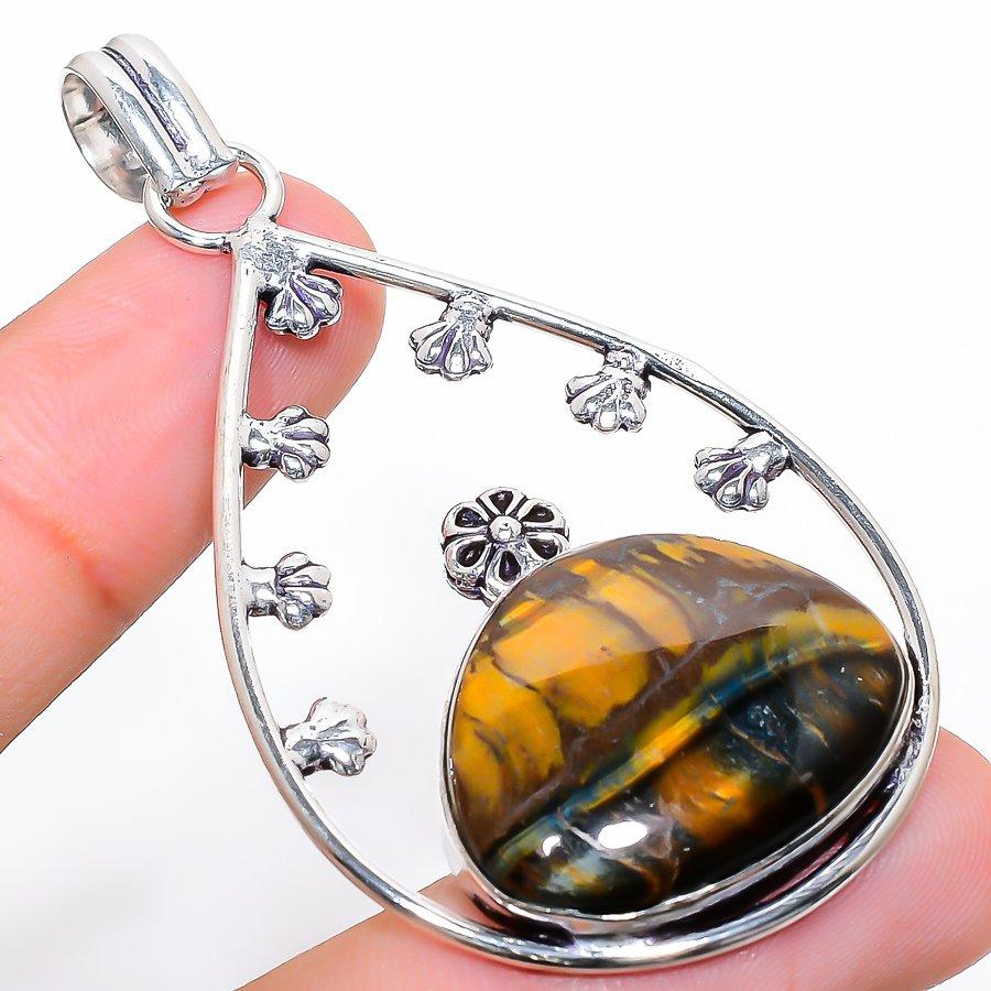 Tiger Eye Gemstone Handmade 925 Sterling Silver Jewelry Pendant 2.60"