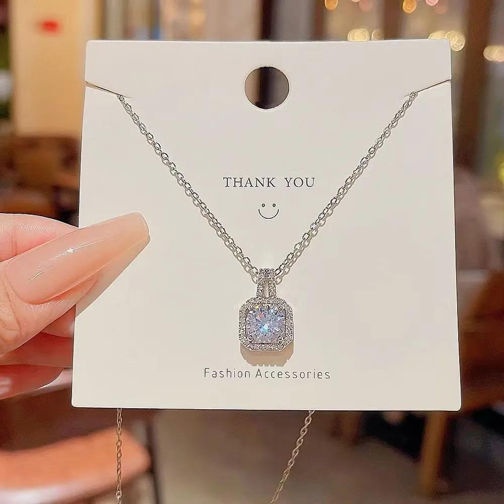 Korean Style Zircon Square Necklace for Women - High-Quality Moissanite Clavicle Chain, Ins Light Luxury Fashion