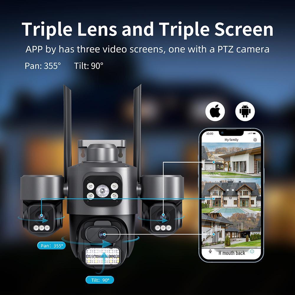 ICSee 9MP HD Outdoor Wireless Camera with Triple Lens and Screen