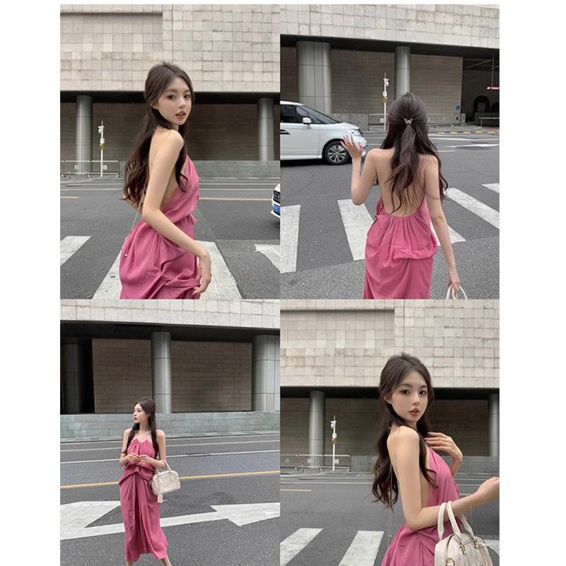 

Summer backless sexy small neck women s hanging neck sling dress rose red pleated new medium and long skirt S розовый