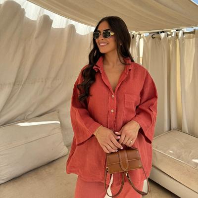 Leinen mit Tasche Hemd Hosenanzüge Frauen Weite Hosen Lange Ärmel Hemd Sets Damen Lose High Street 2 Stück Outfits