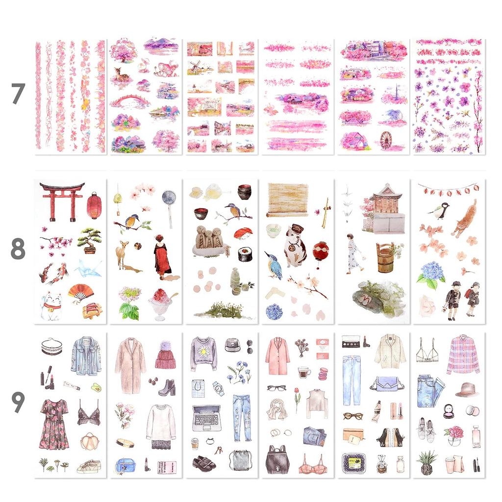 Dekoratives Stickerpaket für Erwachsene, Designs, 72 Blätter, 12 Themen, japanische Papieraufkleber, verschiedene dekorative Aufkleber, selbstklebende Abziehbilder, Graffiti-Patches