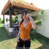 Women Orange Lace Trim Bow V Neck Short Sleeve Cropped Casual Top