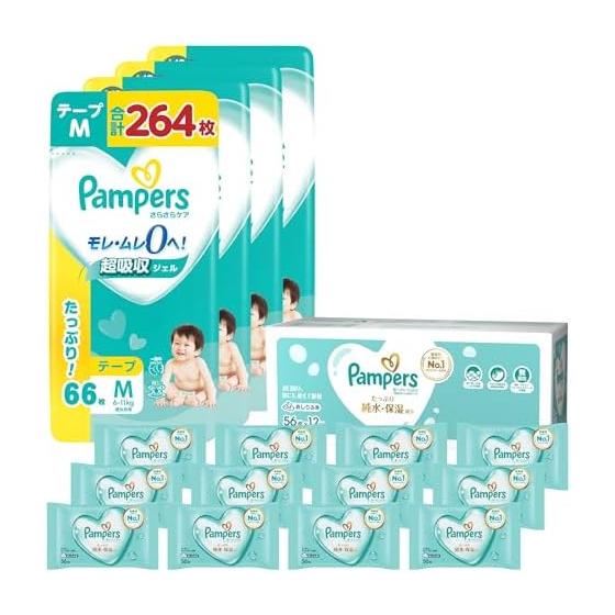 Pampers [Buy a set] [Tape M size] Diaper smooth care 264 sheets + [wipes] Best for the skin 672 sheets (56 sheets x 12 packs)