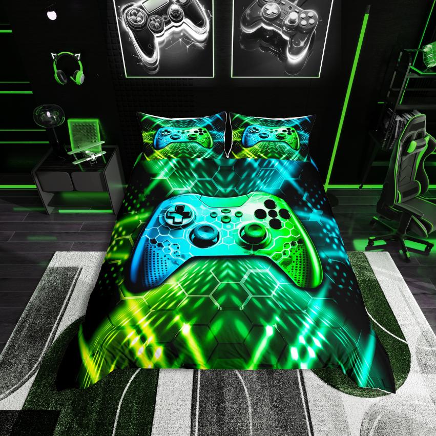Homewish Gaming Duvet Cover Set,Green Blue Gamepad Controller Comforter Cover Set,Modern Video Game Bed Set For Boy