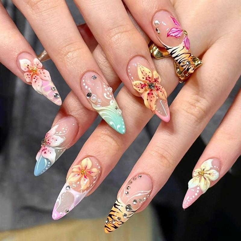 3D Colorful Flower Almond-Shaped Nail Tips with Rhinestones - Handmade Manicure False Nails