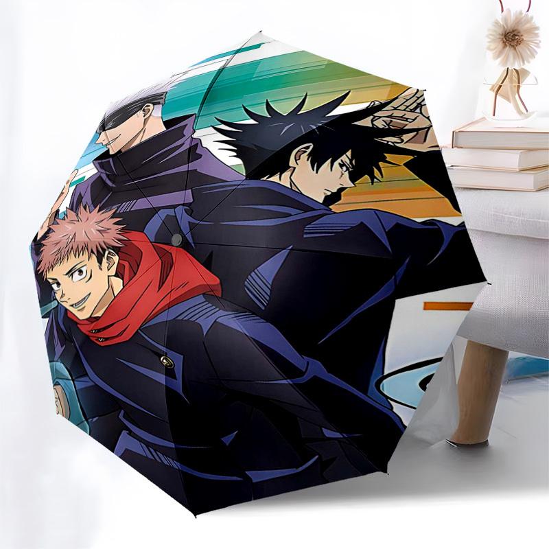 1 Stück Jujutsu Kaisen Charaktere Automatischer Regenschirm Tragbar 3-fach faltbares Design mit Eisenrahmen, Perfekt für den Außenbereich, Reisen, den Alltag und als Geschenk