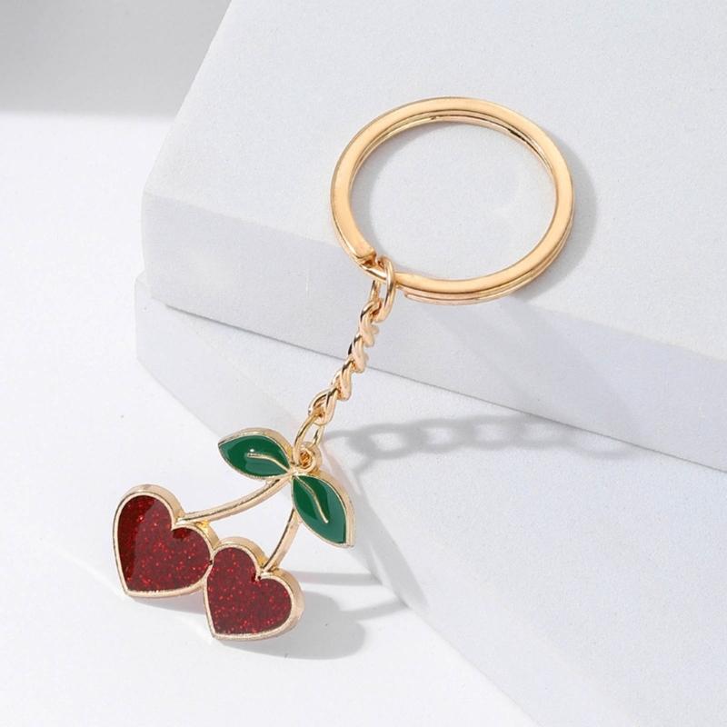 Creative Cherry Keychain Leather Fruit Double Heart Key Chain Pendant Bag Ornament Accessories for Car Key Bag Purse