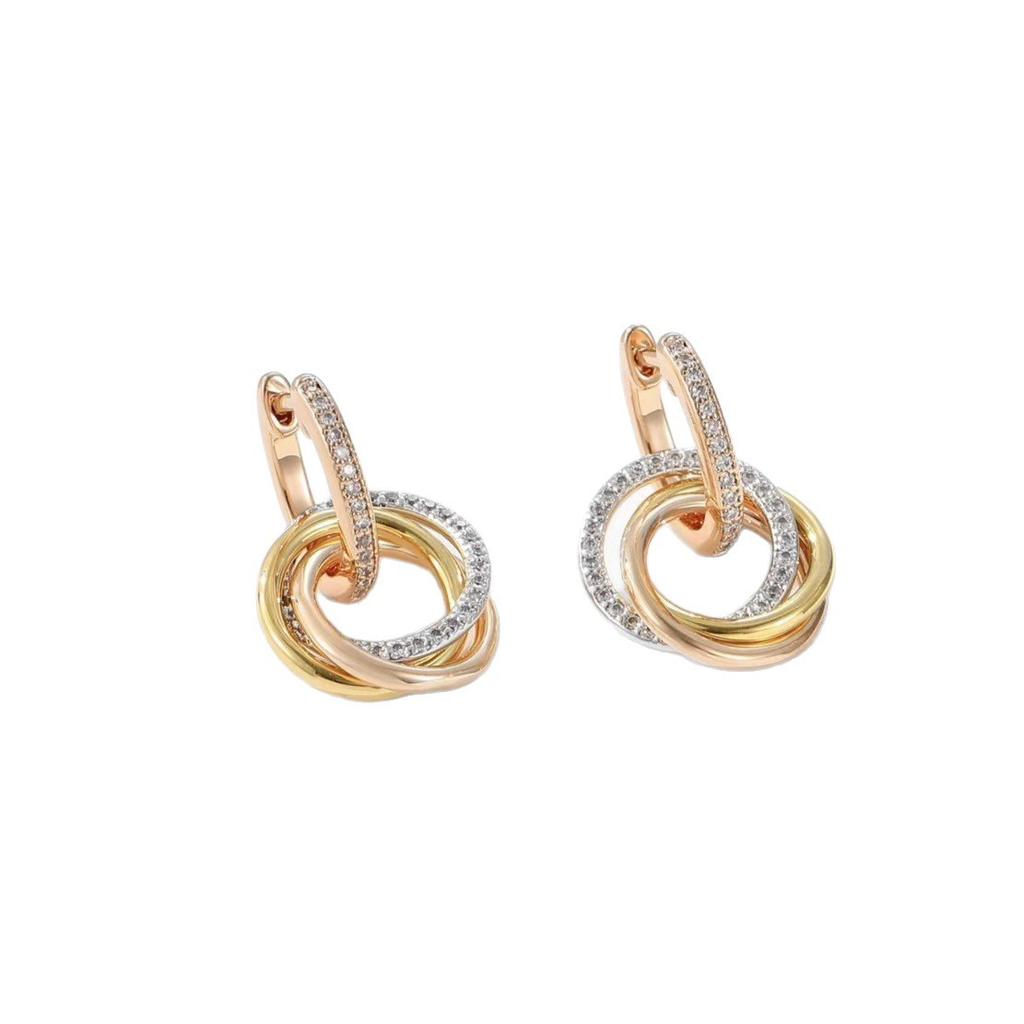 Boucles d'oreilles trois couleurs à trois anneaux serties de diamants, plaquées or 18 carats, usinées CNC, avec clous en diamants Seiko Light Luxury