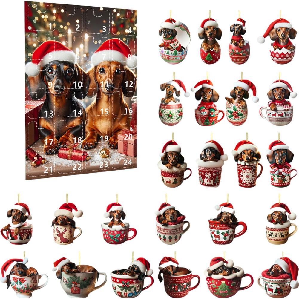 2D Dachshunds Advent Calendar Cat Pendant Ornament 24 Days Christmas Countdown Calendar Xmas Tree Hanging Pendant Christmas Gift