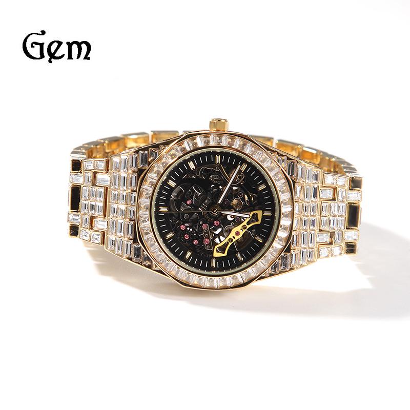 Men s European Style Full Diamond Color Block Mechanical Watch - Hip Hop Casual Sports Two-Tone (Square Diamond Mechanical Watch)