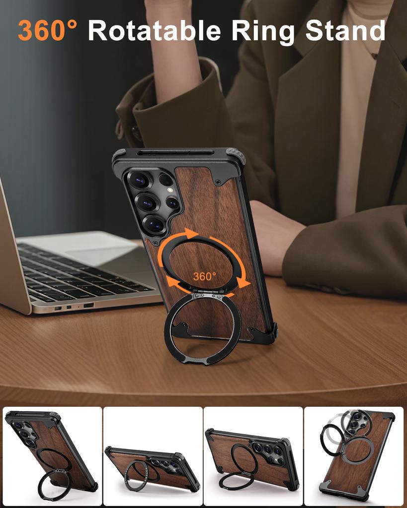 Eary Luxury Wood Frameless Case for Samsung Galaxy S25 S24 Ultra 360°Rotatable Magnetic Ring Stand Shockproof Bumper Phone Cover
