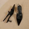 Patent Leather Pointed Toe Mid-heel Pin Buckle Back Hollow Women's Slip-on Sandals Solid Color   Shoes for Women
