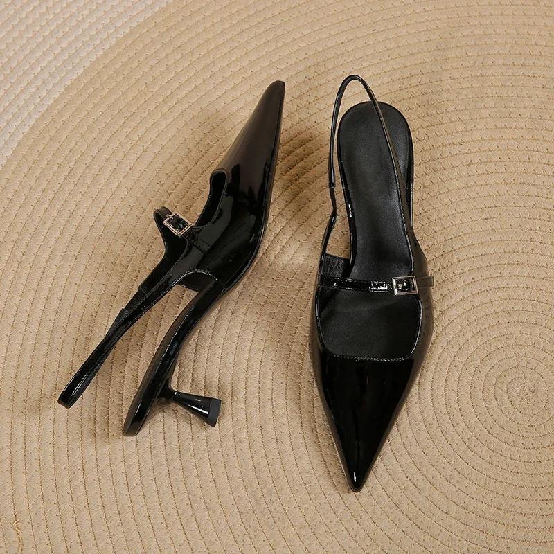 Patent Leather Pointed Toe Mid-heel Pin Buckle Back Hollow Women's Slip-on Sandals Solid Color   Shoes for Women