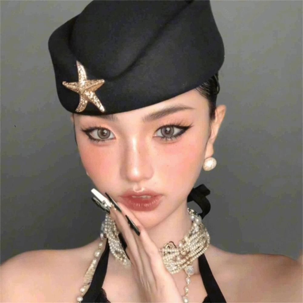 Flat-top Wool Beret Hat Rhinestone Flight Attendant Hat Fashion Topper Hat  Cocktail Party