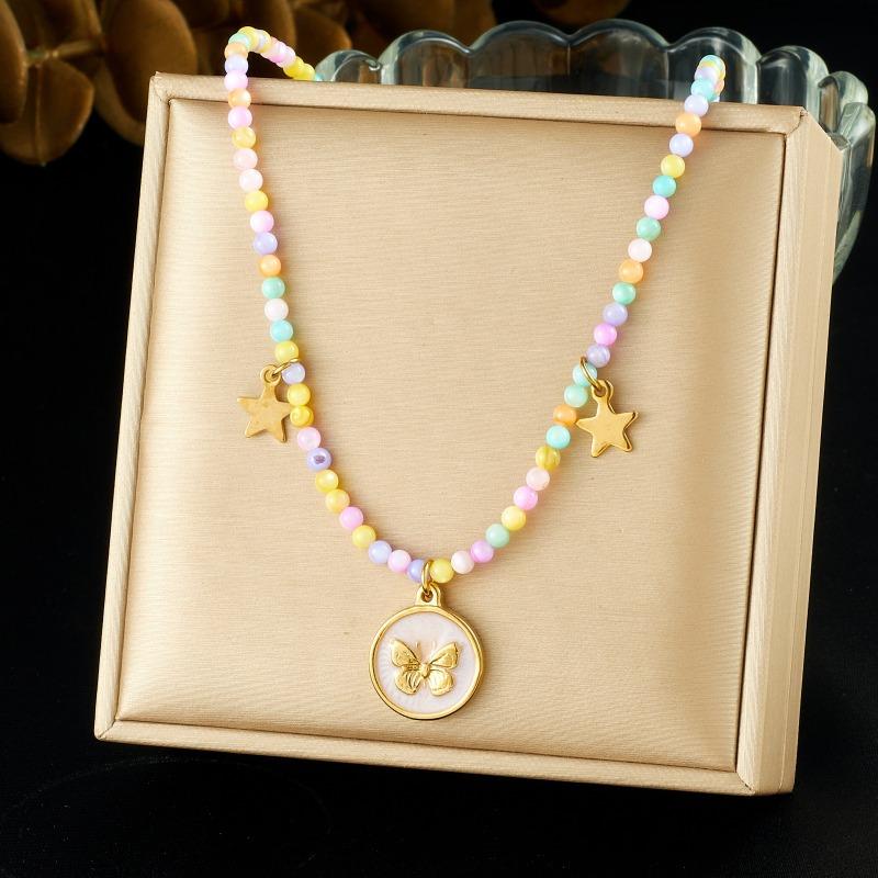 Gold Plated Stainless Steel Colorful Beaded Choker Necklace with Butterfly Star Charms for Women