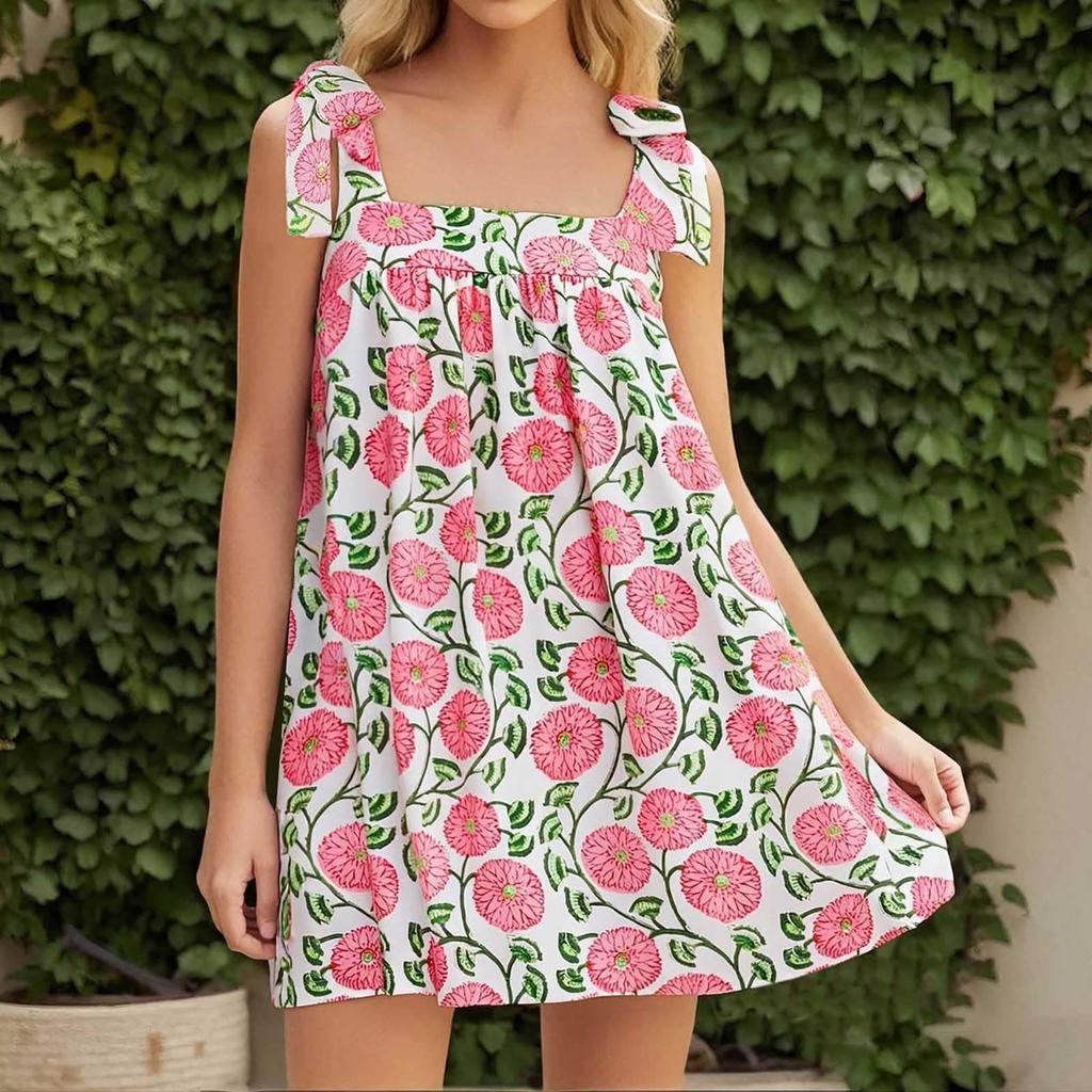 Women's Flower Tie Dress Cute Square Neck Loose Beach Short Dress Open Back Bohemian Summer Sundress