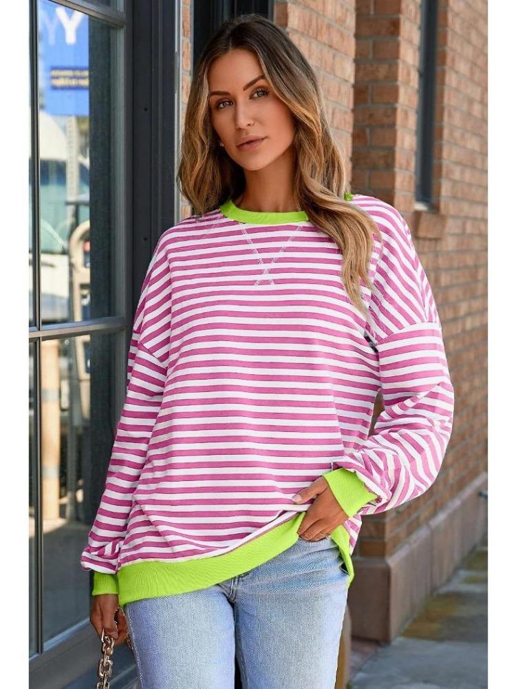 Dámská ležérní nadměrná pruhovaná mikina volného střihu pulovr top s dlouhým rukávem kulatým výstřihem pohodlný svetr tričko