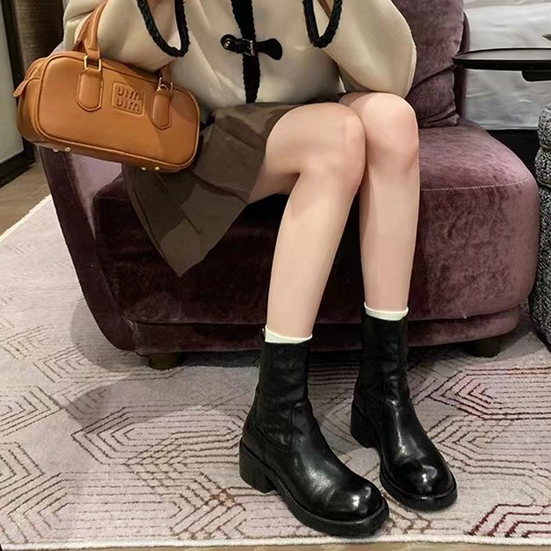 Grape mother autumn and winter new Martin boots retro thick heel rear zipper 6cm washed shrink horse leather short boots women