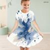 Girls Round Neck Short Sleeve Abstract Printed Blue Beige White A Line Flared Dress