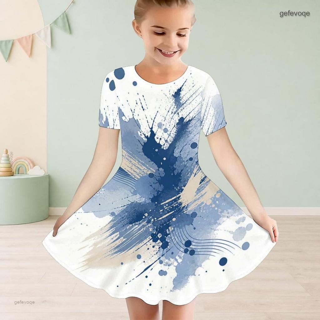 Girls Round Neck Short Sleeve Abstract Printed Blue Beige White A Line Flared Dress