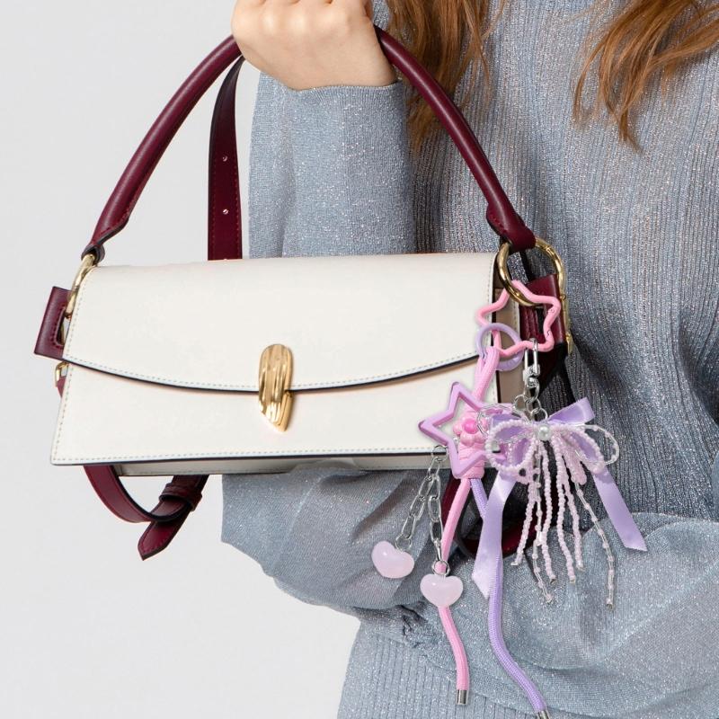 Cute Bag Charm Pendant Keyring Bowknot Heart Braided Rope Keychain Bag Charm for Backpack Purse Handbag Decoration
