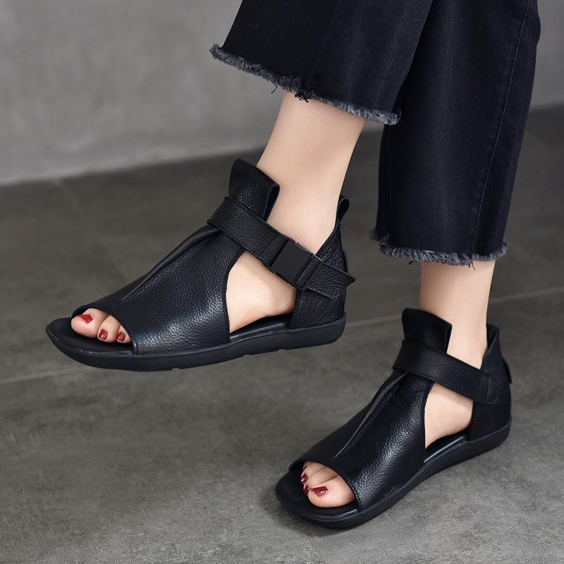 GKTINOO Peep Toe Flat Sandals 2025 Summer New Retro Genuine Leather Comfortable Soft Sole Belt Buckle Women's Shoes