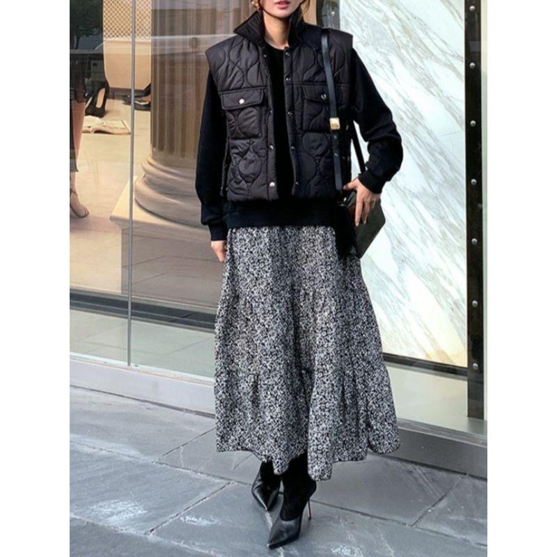 Korean Style Plus Size Women's Clothing Chubby Girl Black Round Neck Long Sleeve Sweater T-shirt Stitching Floral Large Swing Fake Two-Piece Dress
