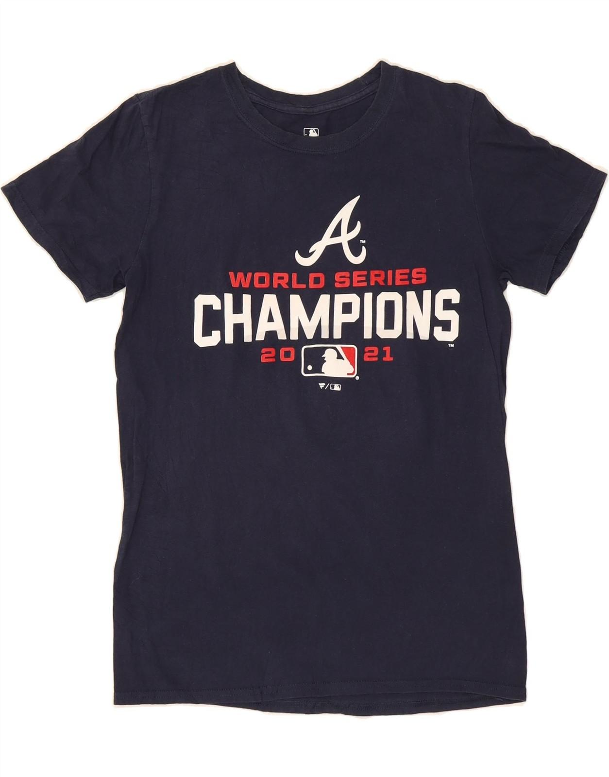 FANATICS Mens Atlanta Braves Graphic T-Shirt Top Small Navy Blue Cotton DG39 S