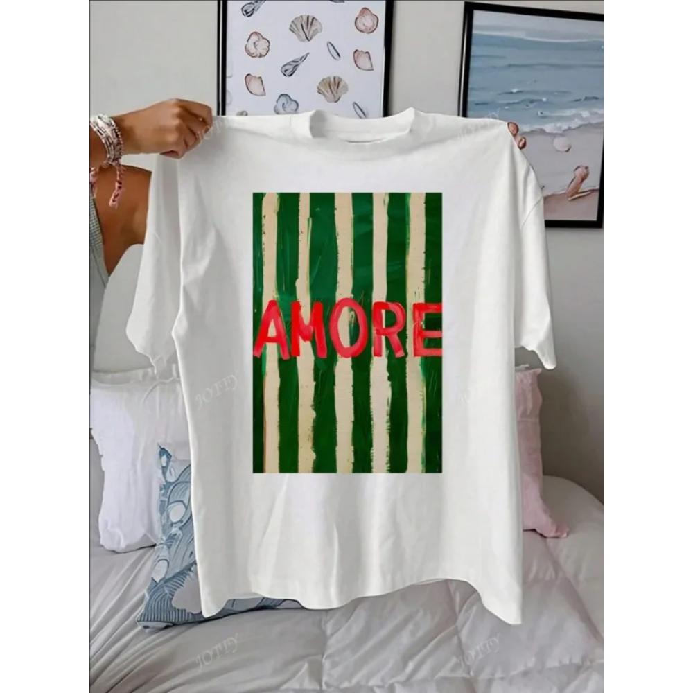 AMORE Gestreiftes Kunstmuster Sommer Outfits Damen Lässig Rundhals Kurzarm Damen T-Shirt Tops